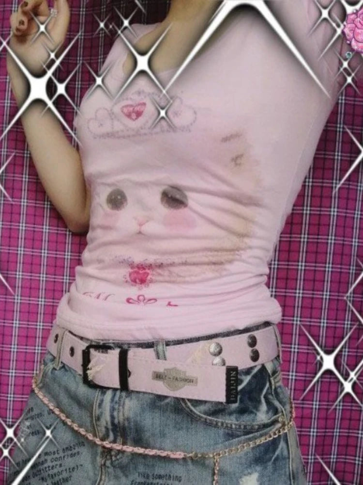 2025 New Kawaii Cartoon Cat Print Crop Top Summer Sweet Y2k Aesthetic Ins Women T-shirt Japanese Fashion Slim Harajuku Tee Shirt