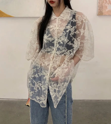 Summer Korean Fashion Lace Shirts Short Sleeve See Through Mesh Blouses Japanese Style Designer Clothes Fairycore Kawaii