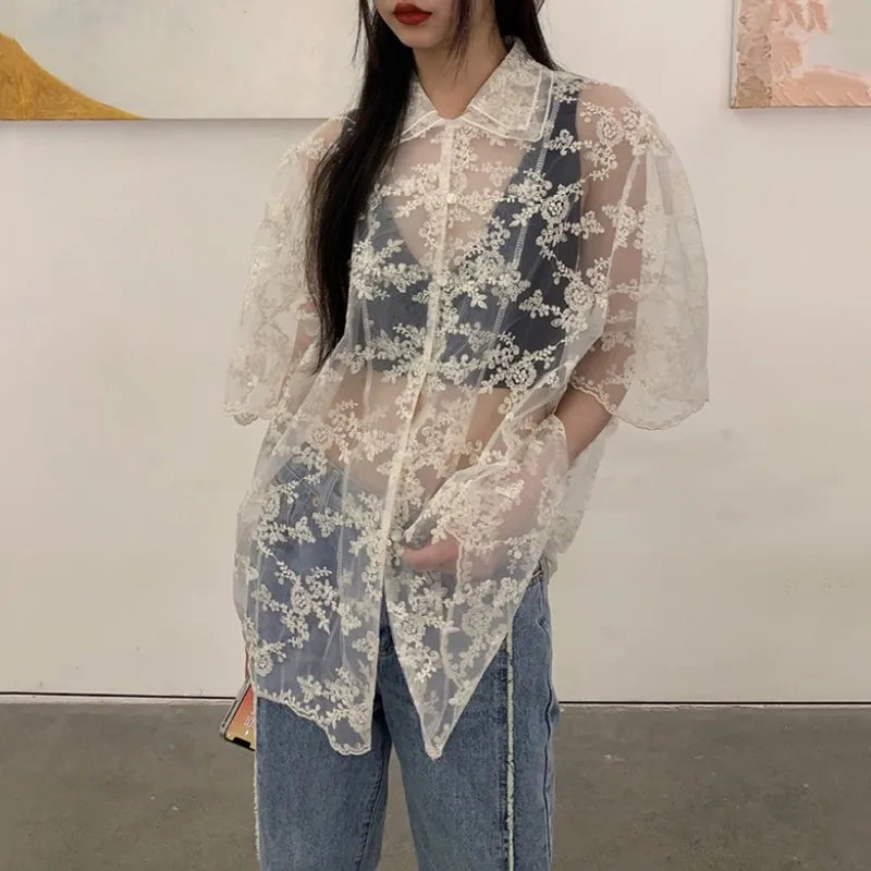 Summer Korean Fashion Lace Shirts Short Sleeve See Through Mesh Blouses Japanese Style Designer Clothes Fairycore Kawaii