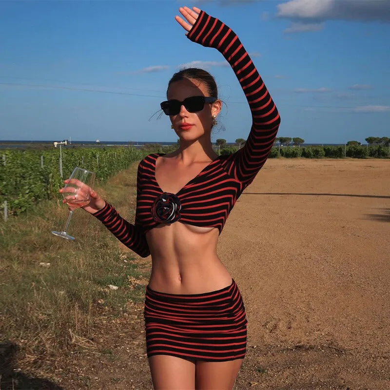 Striped Print Sexy Two Piece Set Women Floral V Neck Long Sleeve T-shirt And Mini Skirt Matching Set Sexy Two Piece Set