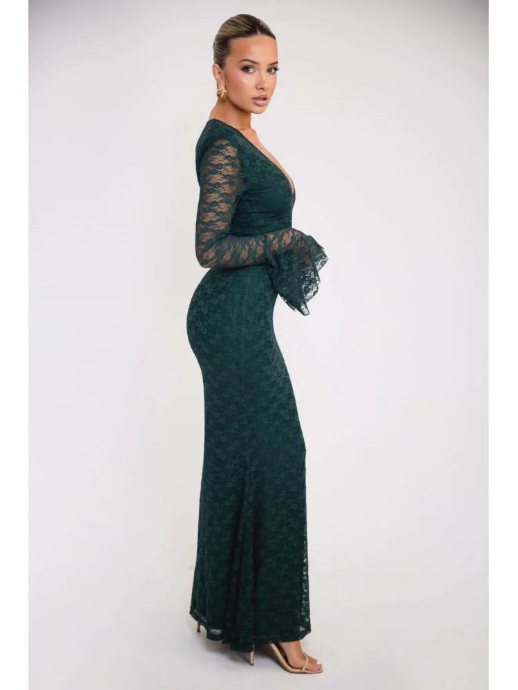 Sexy Lace Patchwork Tight Elastic Dress For Women Deep V Flared Long Sleeves Maxi Vestidos Elegant Party Clubwear 2024