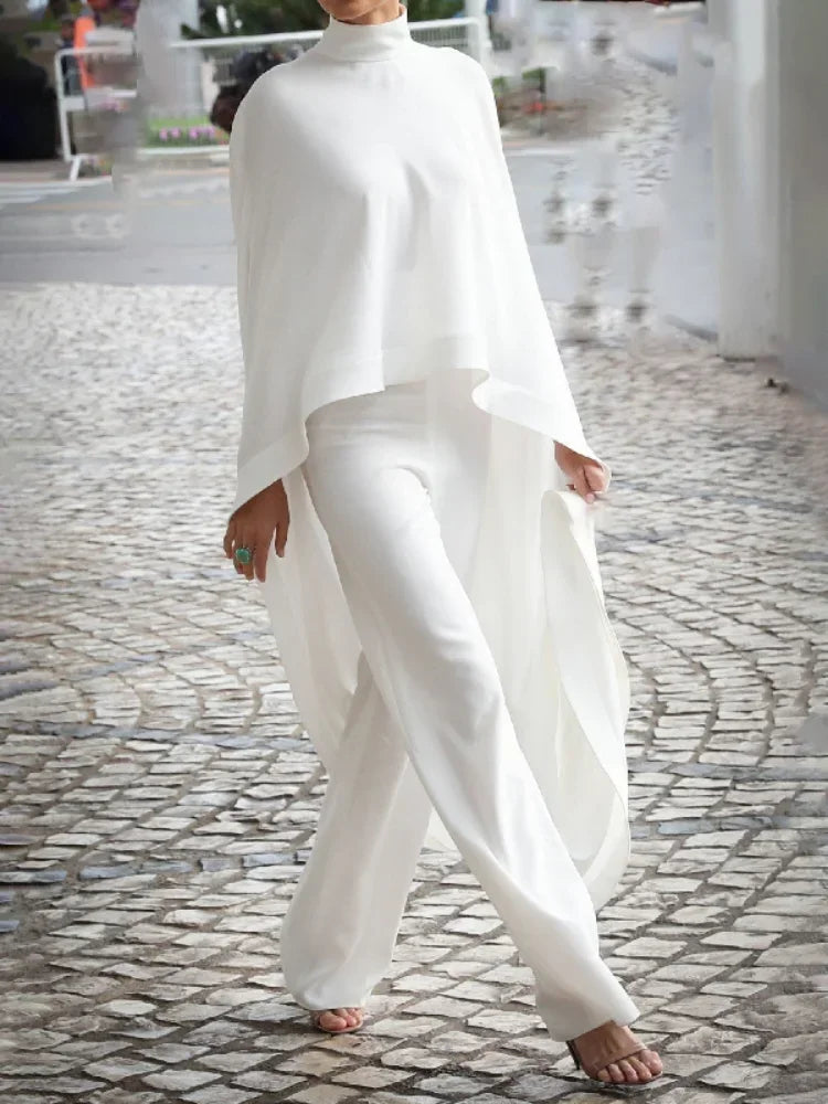 Women's Two Pieces Pants Set 2025 Spring Summer High-Neck High-Low Loose Tops & Wide Leg Mactching Suits Sets Female