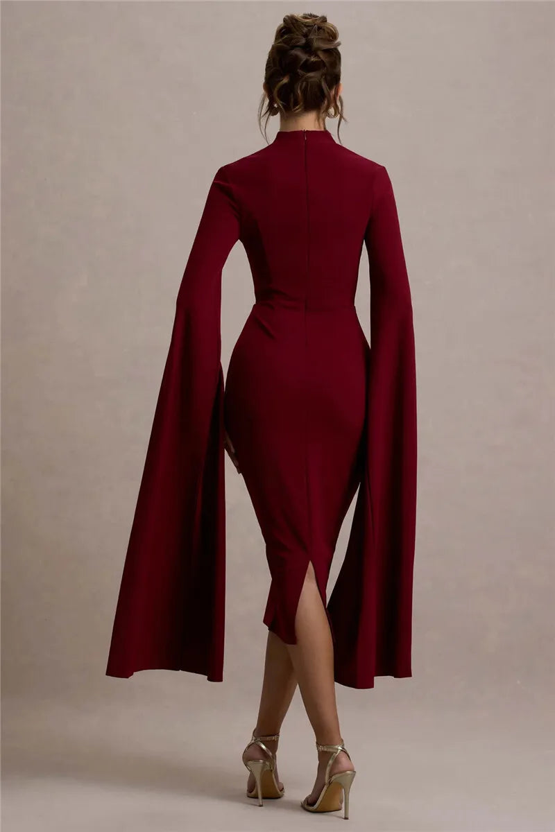 Cape Long Sleeve Sexy Midi Dress For Women Autumn Winter New Square Collar Back Slit Bodycon Club Party Long Dress