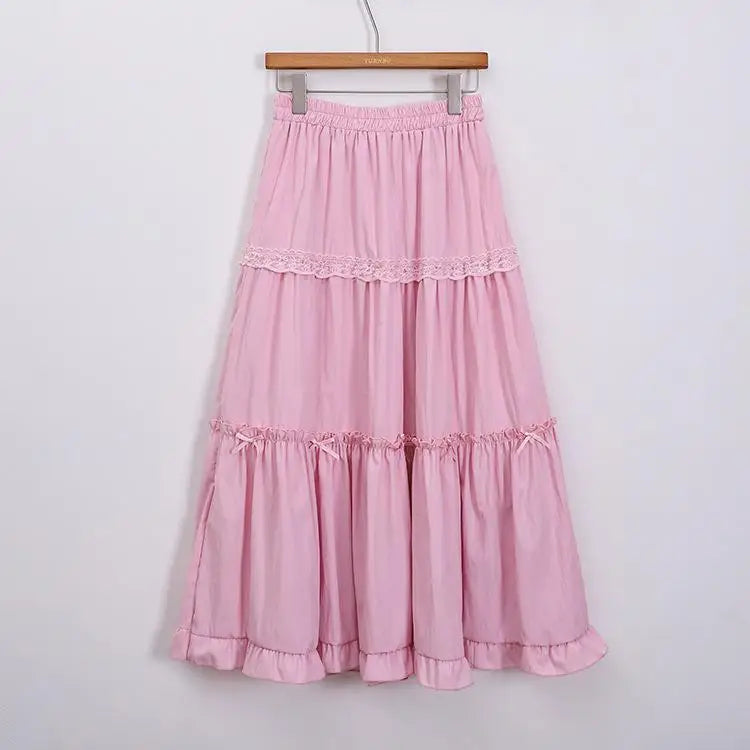 Spring Summer Sweet Retro Beige Pink Temperament Ruffle Edge Cake Long Skirt Women Black White Lace High Waist Party Club Skirts