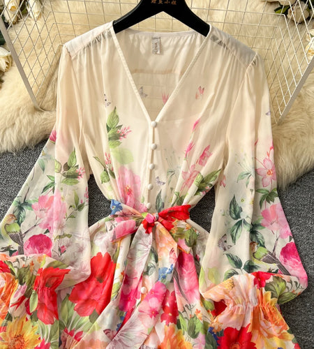 Bohemian Women Beige Flower Vacation Temperament Bandage Pleated Short Dresses Spring V Neck High Waist Party Prom Dress Popular