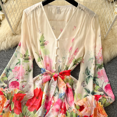 Load image into Gallery viewer, Bohemian Women Beige Flower Vacation Temperament Bandage Pleated Short Dresses Spring V Neck High Waist Party Prom Dress Popular
