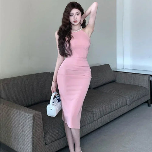 Load image into Gallery viewer, Office Ladies Bodycon Pink Halter Dress Women Designer Sexy Wrap Off Shouler Split Dresses  Slim Party Outfits
