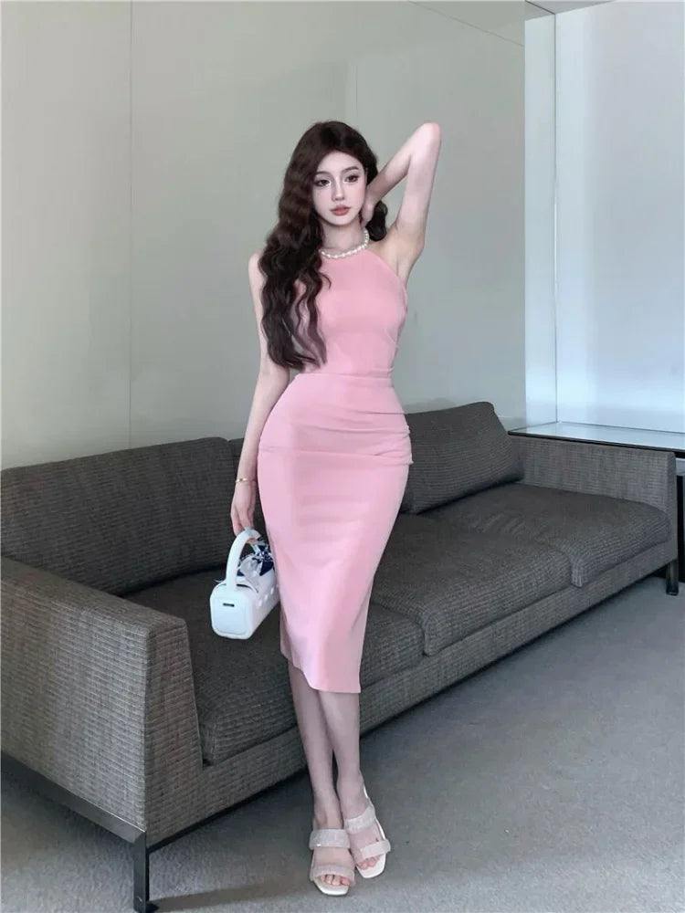 Office Ladies Bodycon Pink Halter Dress Women Designer Sexy Wrap Off Shouler Split Dresses  Slim Party Outfits