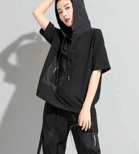 Women Black Color-block Big Size Drawstring T-shirt Hooded New Half Sleeve Loose Fit Fashion Spring Autumn 2025 1DF5304