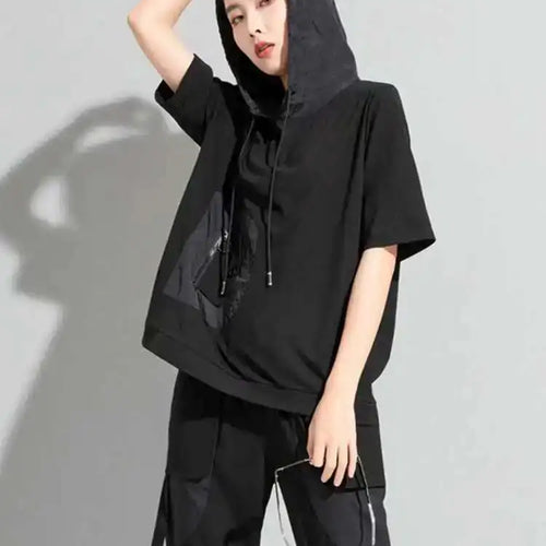 Load image into Gallery viewer, Women Black Color-block Big Size Drawstring T-shirt Hooded New Half Sleeve Loose Fit Fashion Spring Autumn 2025 1DF5304
