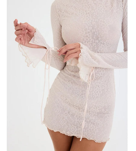 Fashion Lace Patchwork Double Layered Women Tight Wrap Hip Skirt Long Sleeved Elegant Dress Zipper Party Club Vestidos