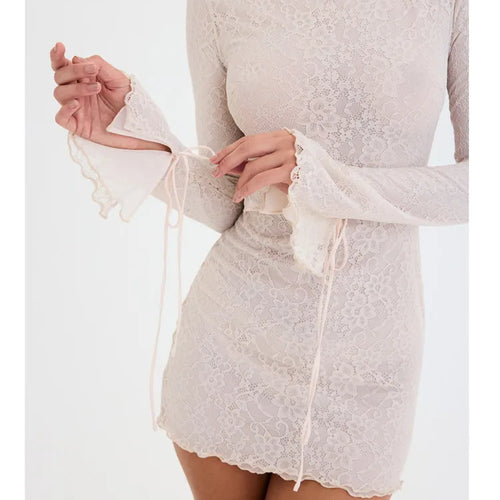 Load image into Gallery viewer, Fashion Lace Patchwork Double Layered Women Tight Wrap Hip Skirt Long Sleeved Elegant Dress Zipper Party Club Vestidos
