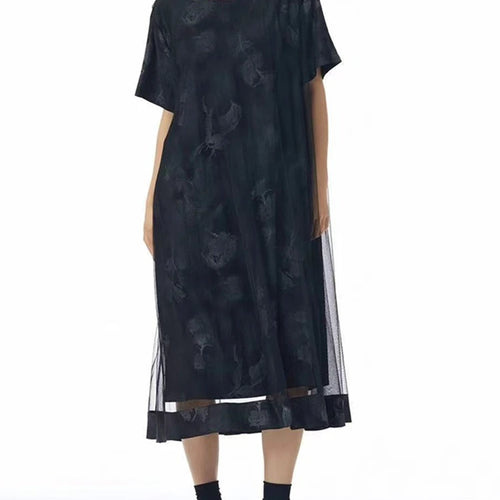 Load image into Gallery viewer, Women Blue Pattern Printed Mesh Big Size Midi Dress New Round Neck Short Sleeve Fashion Tide Spring Summer 2025 1DJ1326
