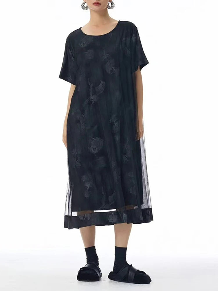 Women Blue Pattern Printed Mesh Big Size Midi Dress New Round Neck Short Sleeve Fashion Tide Spring Summer 2025 1DJ1326