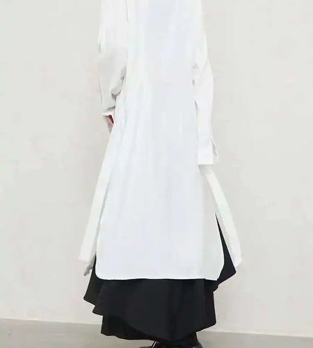 Women Black Big Size Long Belted Blouse New Lapel Long Sleeve Loose Fit Shirt Fashion Tide Spring Autumn 2025 1DH1730