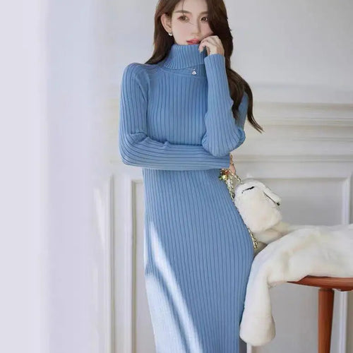 Load image into Gallery viewer, Autumn Winter White Sweater Dresses Fashion Female Black Long Sleeve Skinny Casual Blue Turtleneck Kintted Wrap Hip Dress Women
