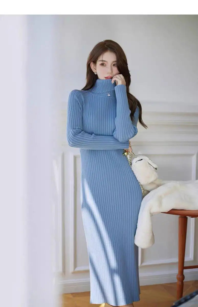 Autumn Winter White Sweater Dresses Fashion Female Black Long Sleeve Skinny Casual Blue Turtleneck Kintted Wrap Hip Dress Women