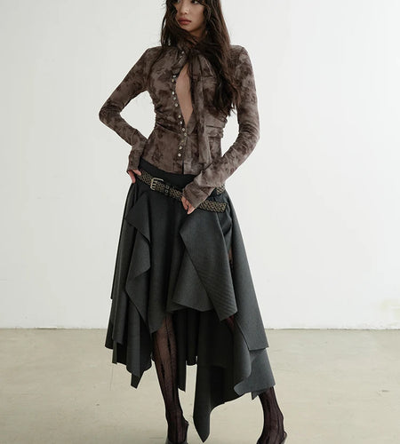 High Waist Dark Gray Cut Style Burr Irregular Slit Half-body Skirt Women Fashion Tide New Spring Autumn 2025 1DH9336