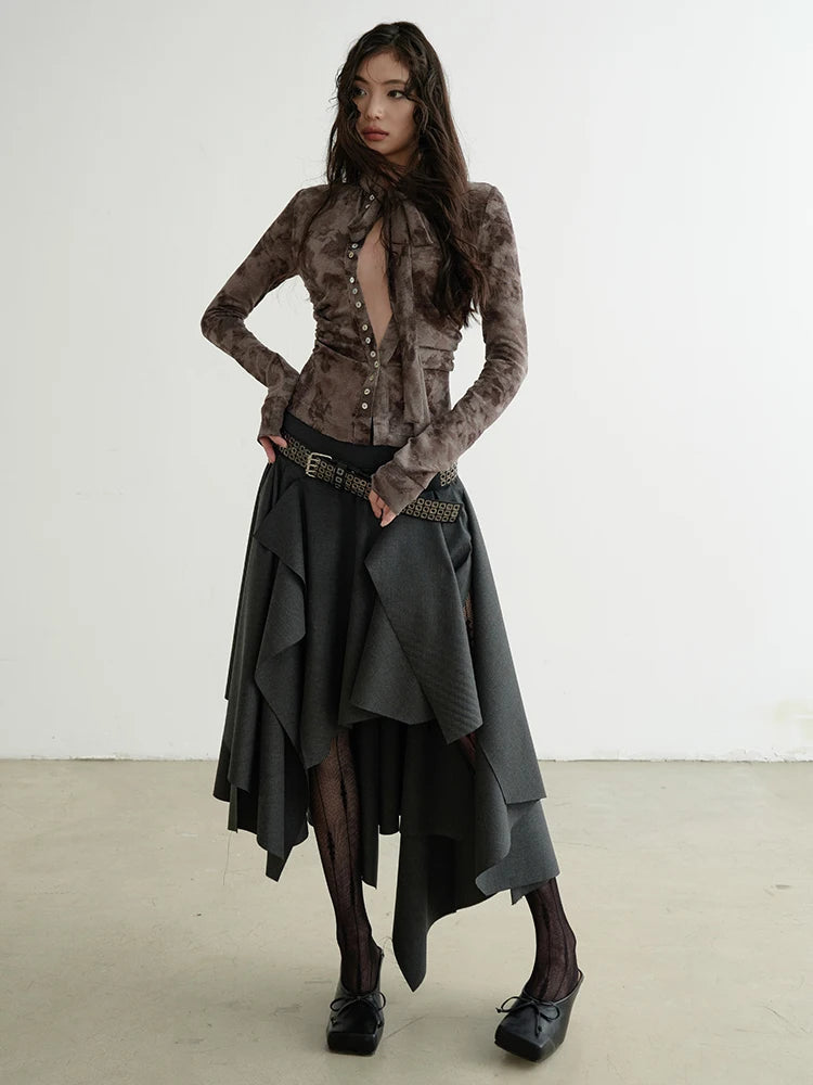 High Waist Dark Gray Cut Style Burr Irregular Slit Half-body Skirt Women Fashion Tide New Spring Autumn 2025 1DH9336