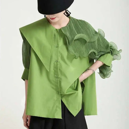 Load image into Gallery viewer, Women Green Irregular Ruffles Big Size Blouse New Lapel Short Sleeve Loose Fit Shirt Fashion Spring Summer 2025 1DF4886
