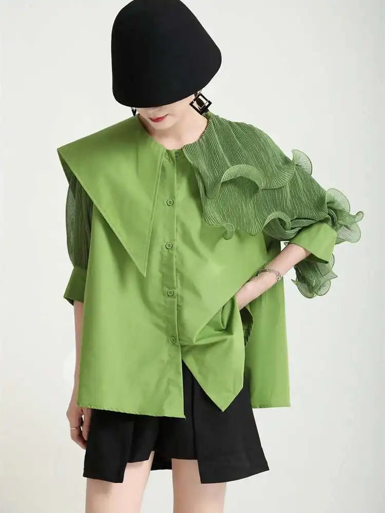 Women Green Irregular Ruffles Big Size Blouse New Lapel Short Sleeve Loose Fit Shirt Fashion Spring Summer 2025 1DF4886