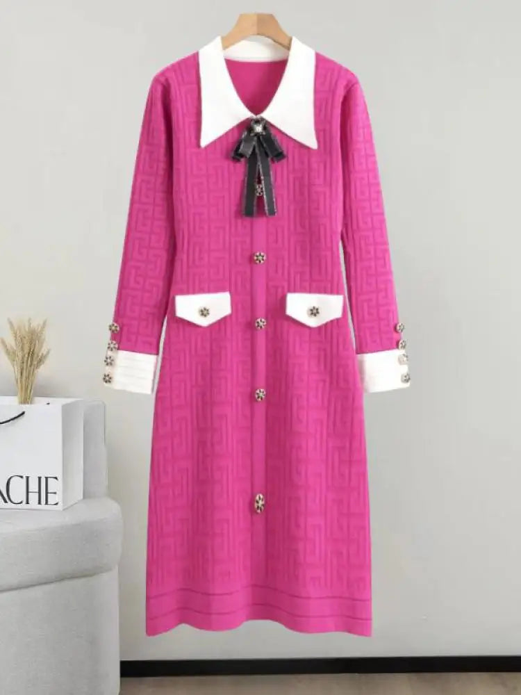 French Patchwork Long Sleeved Lapel Bow Dress Autumn Winter New Temperament Slim Button Knitted A-line Dress Women Chic Clothing