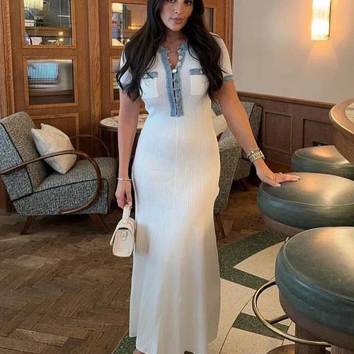 Load image into Gallery viewer, Elegant Solid Pleated Hem Women Knit Midi Dress Chic O-neck Short Sleeve Single-breasted Hip Wrap Dresses Lady High Street Robes
