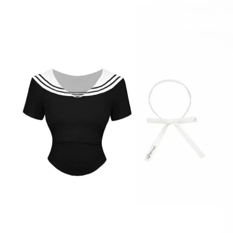 Preppy Style Two Pieces Set Women Patchwork Sailor Collar Grunge T-shirt + Y2k Aesthetic Mini Pleated Skirts Harajuku Outfits