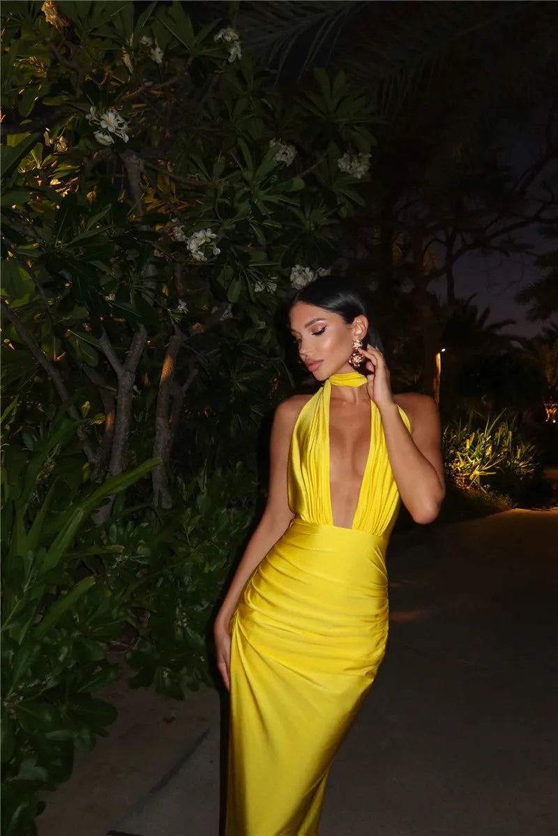 Halter Deep V Neck Backless Sexy Maxi Dress For Women Fashion Solid Sleeveless Bodycon Club Party Evening Long Dress