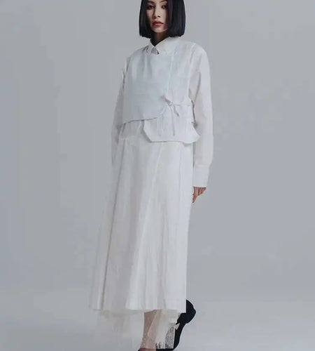 Women White Pleated Irreuglar Big Size Shirt Dress New Lapel Long Sleeve Loose Fit Fashion Tide Spring Autumn 2025 1DE7026