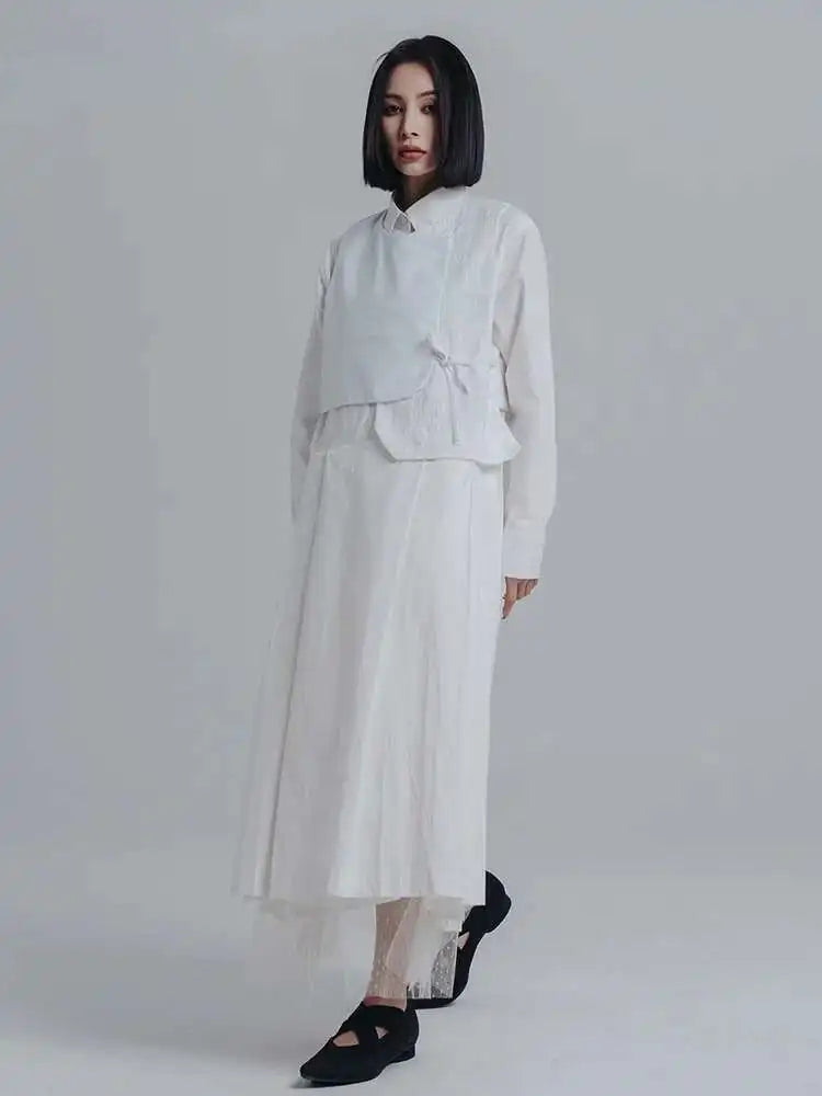 Women White Pleated Irreuglar Big Size Shirt Dress New Lapel Long Sleeve Loose Fit Fashion Tide Spring Autumn 2025 1DE7026