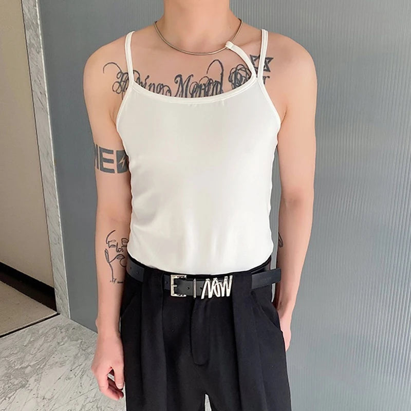 Summer Trendy Men Vest Metal Necklace Design Tight Men's Tank Top Personalized Sexy Male Sleeveless T-shirt New 9C5947