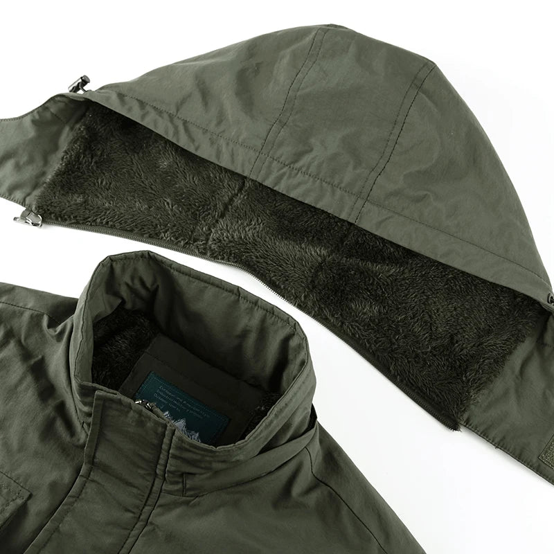 Cotton Fleece Jacket Warm Solid Color Coats Male Fashion Casual Multi-pockets Lapel Outerwear Parkas JacketMen Winter Thick