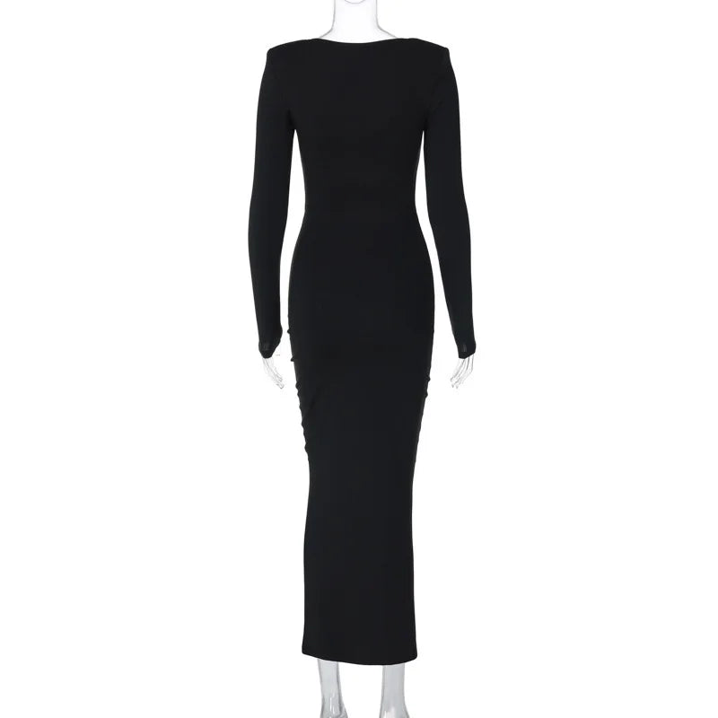 Elegant Flower Hollow Out Midi Dress For Women Black V Neck Long Sleeve Bodycon Sexy Dress Female Skinny Party Dress