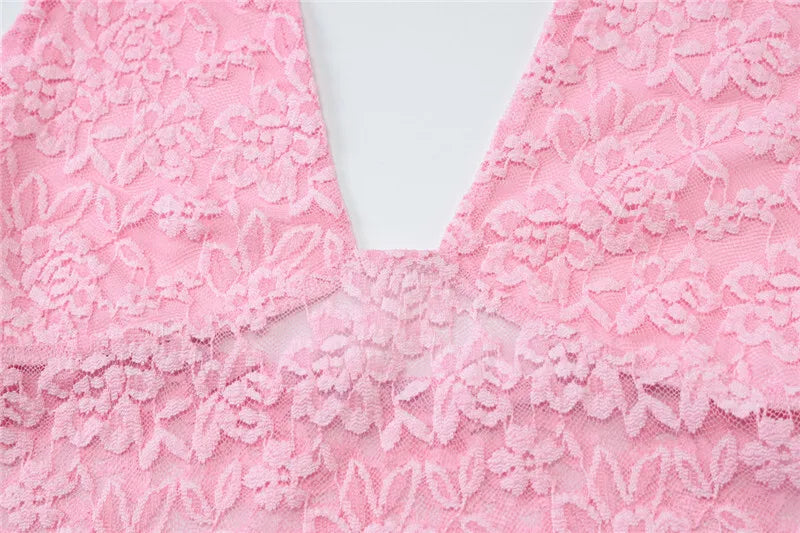 Halter Sleeveless Sexy Crop Tops Women Fashion Deep V Neck Backless Tank Tops Female Elegant Club Skinny Lace Top