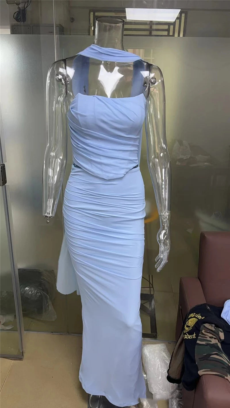 Sexy Two Piece Sets Women Neckerchief Strapless Crop Tops And Maxi Skirt Sets Sexy Club Party Skirt Two Piece Sets