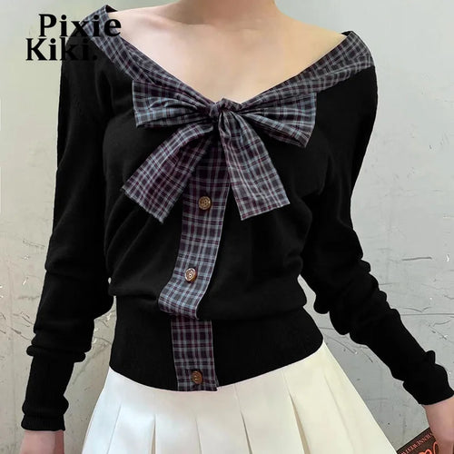 Load image into Gallery viewer, Plaid Bow Patchwork V Neck Long Sleeve Tops Women 2024 Autumn Kawaii T Shirts Y2k 2000s Clothes P84-DI20
