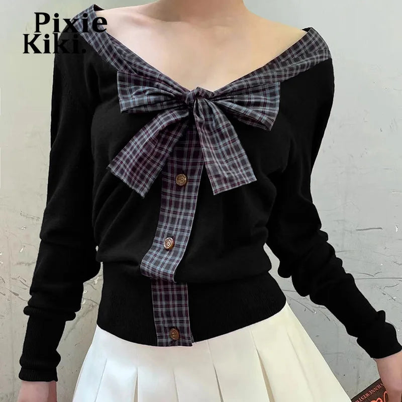 Plaid Bow Patchwork V Neck Long Sleeve Tops Women 2024 Autumn Kawaii T Shirts Y2k 2000s Clothes P84-DI20