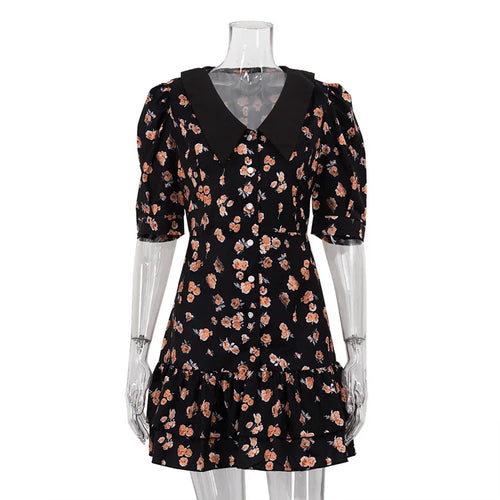 Load image into Gallery viewer, Short Sleeve Floral Mini Dress For Women Robe Turn-down Collar Elegant French Dress Ladies Fashion High Waist Dresses
