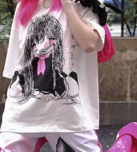 Kawaii Cute Japanese Loose Cartoon Print T-shirt Casual O Neck 2025 Summer Tops Women Short Sleeve Y2k Aesthetic All Match Tees