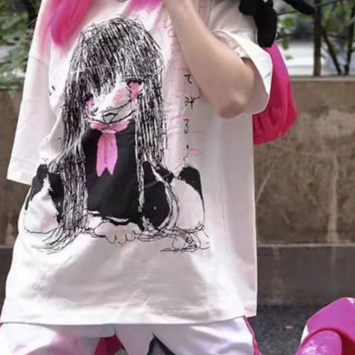 Load image into Gallery viewer, Kawaii Cute Japanese Loose Cartoon Print T-shirt Casual O Neck 2025 Summer Tops Women Short Sleeve Y2k Aesthetic All Match Tees
