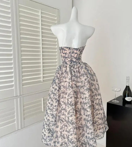 French Retro Blue Flower Backless Vacation Strapless Long Dress Summer Sexy High Waist Elegant Sleeveless Party Evening Dresses