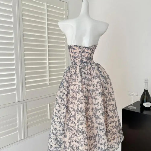 Load image into Gallery viewer, French Retro Blue Flower Backless Vacation Strapless Long Dress Summer Sexy High Waist Elegant Sleeveless Party Evening Dresses
