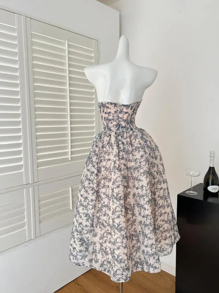 French Retro Blue Flower Backless Vacation Strapless Long Dress Summer Sexy High Waist Elegant Sleeveless Party Evening Dresses