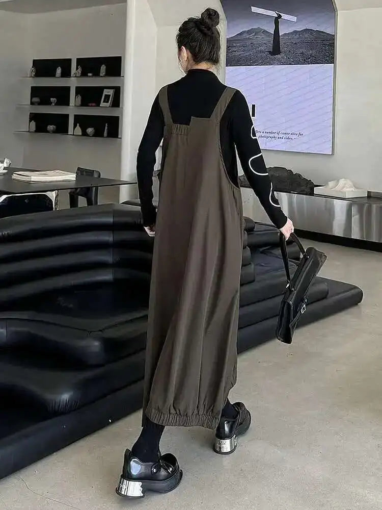 Women Coffee Irregular Spliced Big Size Strap Dress New Square Collar Sleeveless Fashion Tide Spring Autumn 2025 1DJ0050