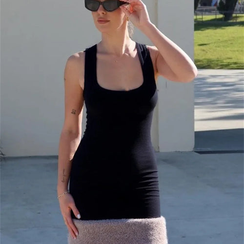 Load image into Gallery viewer, Patchwork Fur Hem Sexy Mini Dress Women Robe Fashion Black Summer New Sleeveless Backless Slim High Waist Sheath Dress
