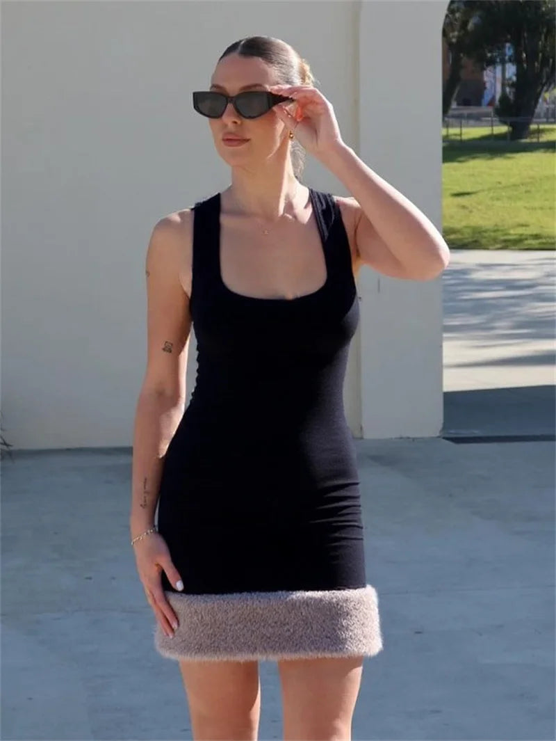 Patchwork Fur Hem Sexy Mini Dress Women Robe Fashion Black Summer New Sleeveless Backless Slim High Waist Sheath Dress