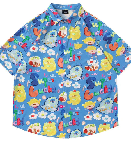Harajuku Hawaiian Shirts Streetwear Cartoon Graphic Printed Button Up Summer Beach Blouse Hip Hop Casual Baggy Short Sleeve Tops