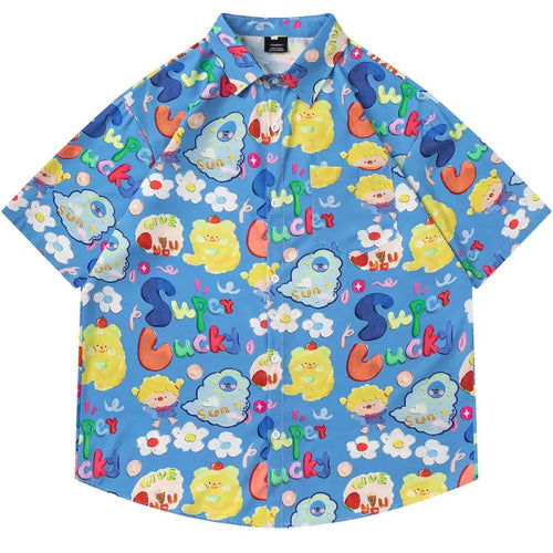 Harajuku Hawaiian Shirts Streetwear Cartoon Graphic Printed Button Up Summer Beach Blouse Hip Hop Casual Baggy Short Sleeve Tops