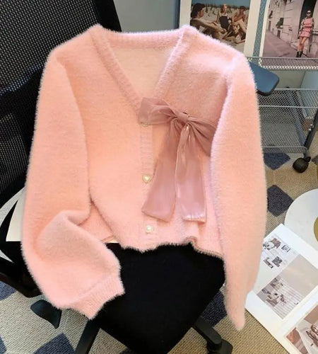 Sweet Pink Single Breasted Imitation Mink Sweater Jacket For Women's 2024 Autumn Winter New Bow Decorate Knit Cardigan Tops Chic